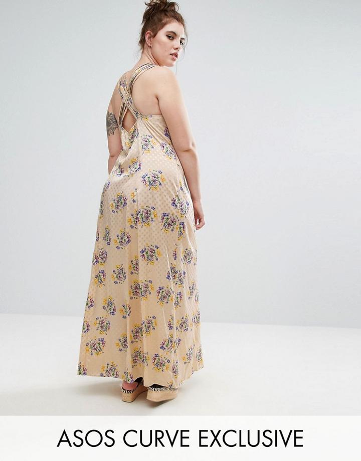 Asos Curve Maxi Dress With Cross Back In Vintage Floral Print - Multi