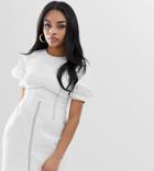 Asos Design Petite Contrast Stitch Mini Dress With Puff Sleeves-white