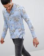 Religion Long Sleeve Revere Shirt In Blue With Rose Print - Blue