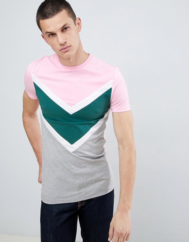 Asos Design Muscle T-shirt With Chevron Cut And Sew Panel In Pink - Pink