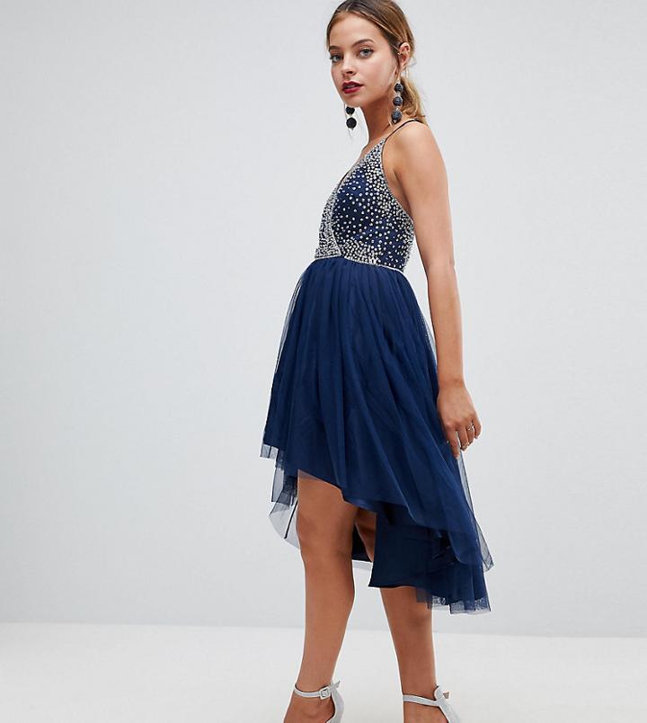 Asos Petite Ballerina Mesh Sparkle Tulle Midi Dress-navy