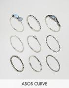 Asos Curve Pack Of 9 Moon Stone Twist Rings - Silver