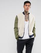 Asos Borg Bomber Jacket With Nylon Sleeves In Beige - Beige