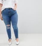Asos Curve Ridley High Waist Skinny Jeans In Tana Extreme Mid Wash With Busted Knee And Rip & Repair Detail - Blue