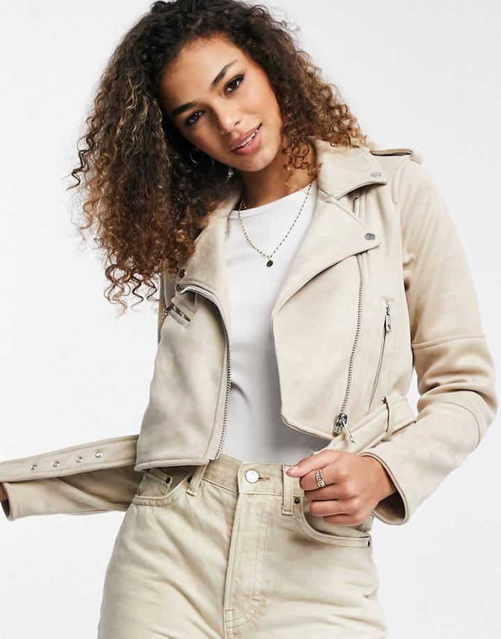 Pull & Bear Suede Effect Moto Jacket In Beige-neutral