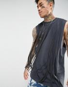 Asos Festival Sleeveles T-shirt With Long Fringing In Washed Black - Gray