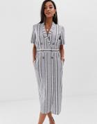 Asos Design Tux Midi Dress In Natural Stripe - Multi