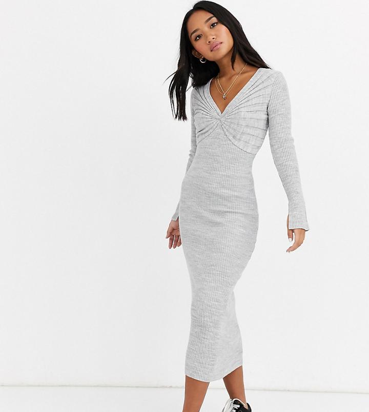 Asos Design Petite Pleat Detail Knit Midi Dress With Deep V-gray