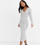 Asos Design Petite Pleat Detail Knit Midi Dress With Deep V-gray
