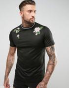 Asos Longline T-shirt In Mesh With Floral Embroidery - Black