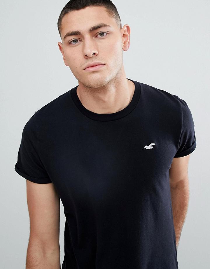 Hollister Curved Hem Crew Neck T-shirt Seagull Logo In Black - Black