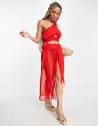 Asos Design Chiffon Drape Tie Detail Maxi Beach Skirt In Red - Part Of A Set