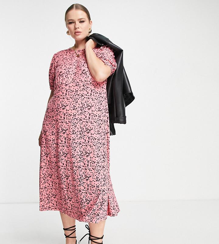 Simply Be Smock Midi Dress In Pink Ditsy Floral