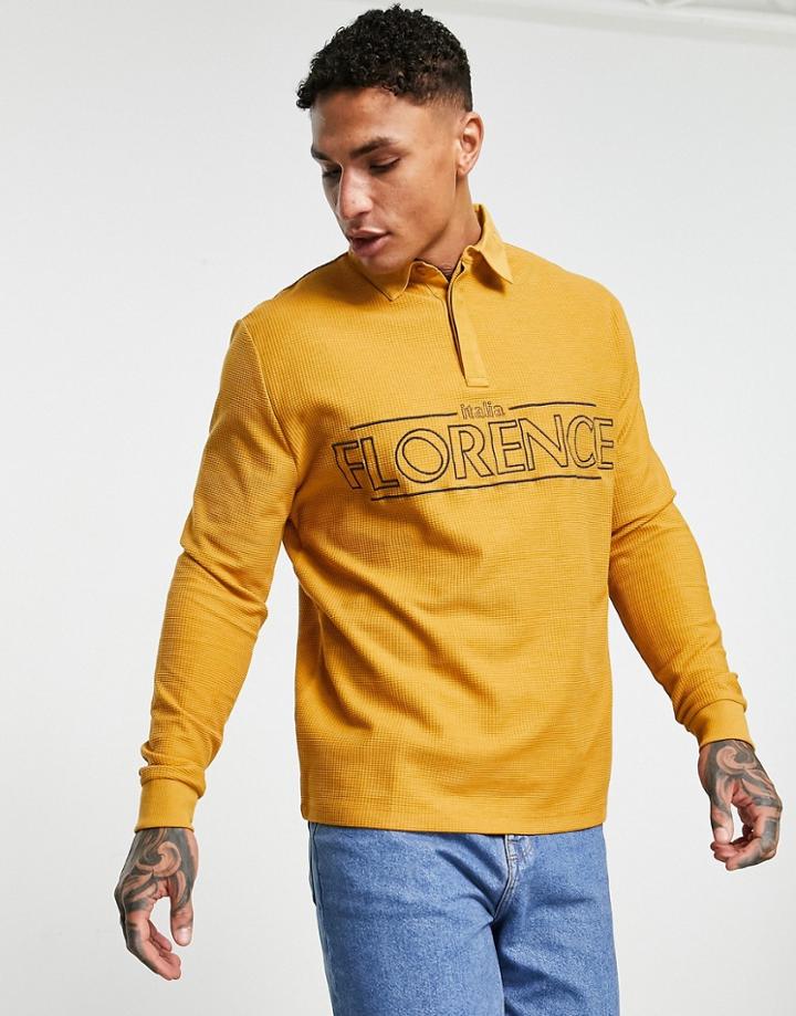 Asos Design Relaxed Long Sleeve Polo T-shirt In Brown Texture With City Print