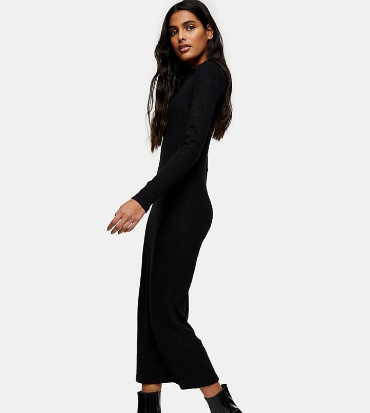 Topshop Tall Collared Rib Midi Dress In Black