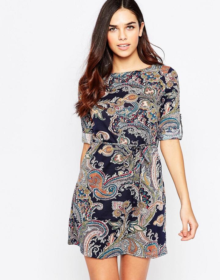 Qed London Tie Waist Printed Dress - Navy