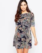 Qed London Tie Waist Printed Dress - Navy