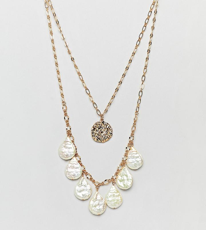 Asos Design Gold Plated Multirow Double Necklace With Faux Freshwater Pearls - Gold