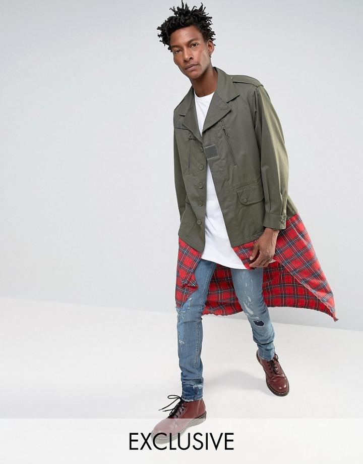Reclaimed Vintage Military Jacket With Plaid Underlay - Green