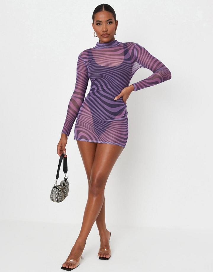 Missguided X Carli Bybel Mesh High Neck Mini Dress With Long Sleeve In Purple Swirl Print
