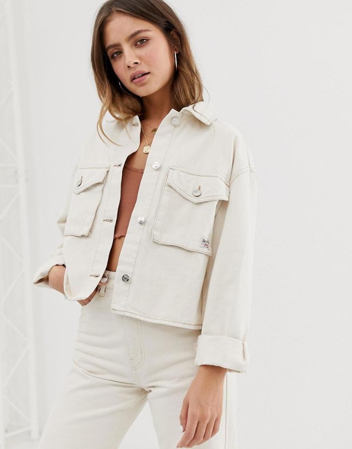Bershka Pocket Front Utility Denim Jacket In Beige