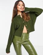 Topshop Knitted Cable Cardi In Olive-green