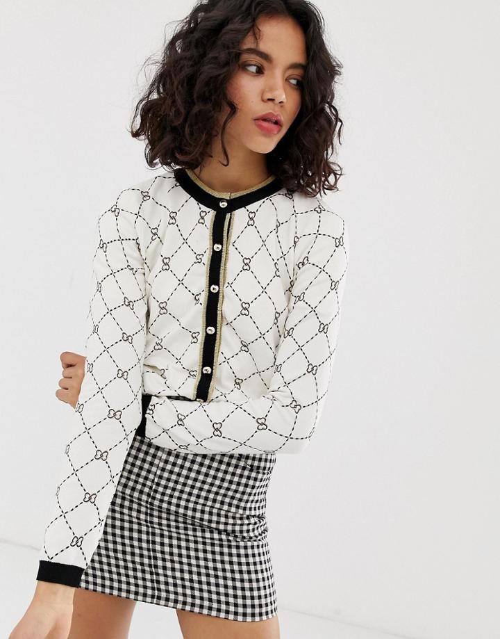 River Island Cardigan With Contrast Trim In Cream Print