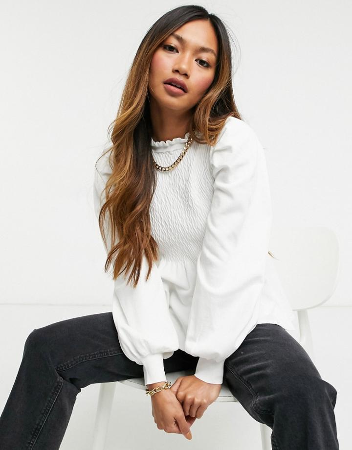 Asos Design Frill Neck Sweater With Shirred Body In Cream-white