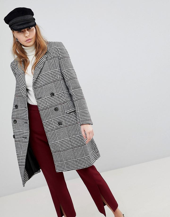 Brave Soul Berwick Double Breasted Coat In Check - Black