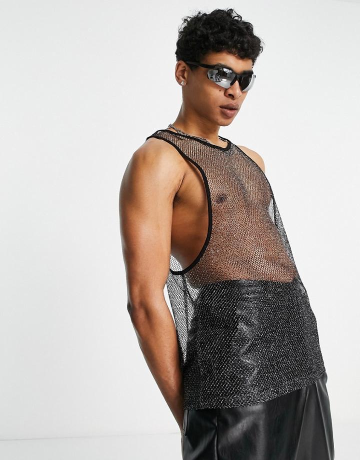 Asos Design Tank Top In Black And Gold Mesh