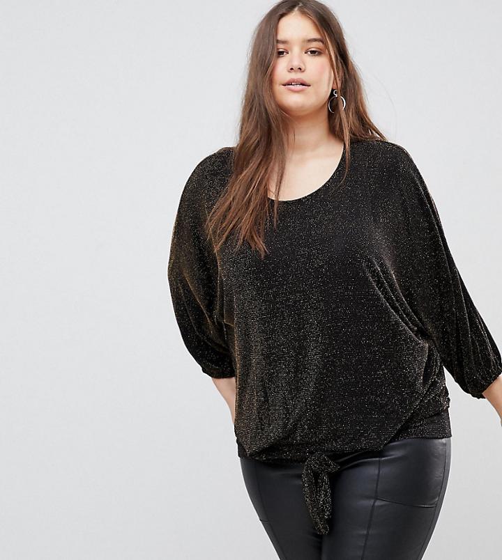 Koko Lurex Batwing Tie Front Top - Black