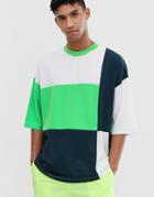 Asos Design Oversized T-shirt With Half Sleeve In Neon Patchwork Color Block-multi