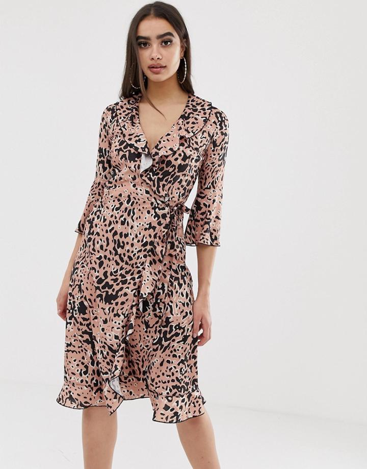 Outrageous Fortune Ruffle Wrap Midi Dress With Fluted Sleeve In Splodge Print-multi