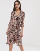 Outrageous Fortune Ruffle Wrap Midi Dress With Fluted Sleeve In Splodge Print-multi