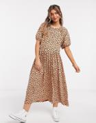 Asos Design Gathered Neck Midi Dress In Leopard Print-brown