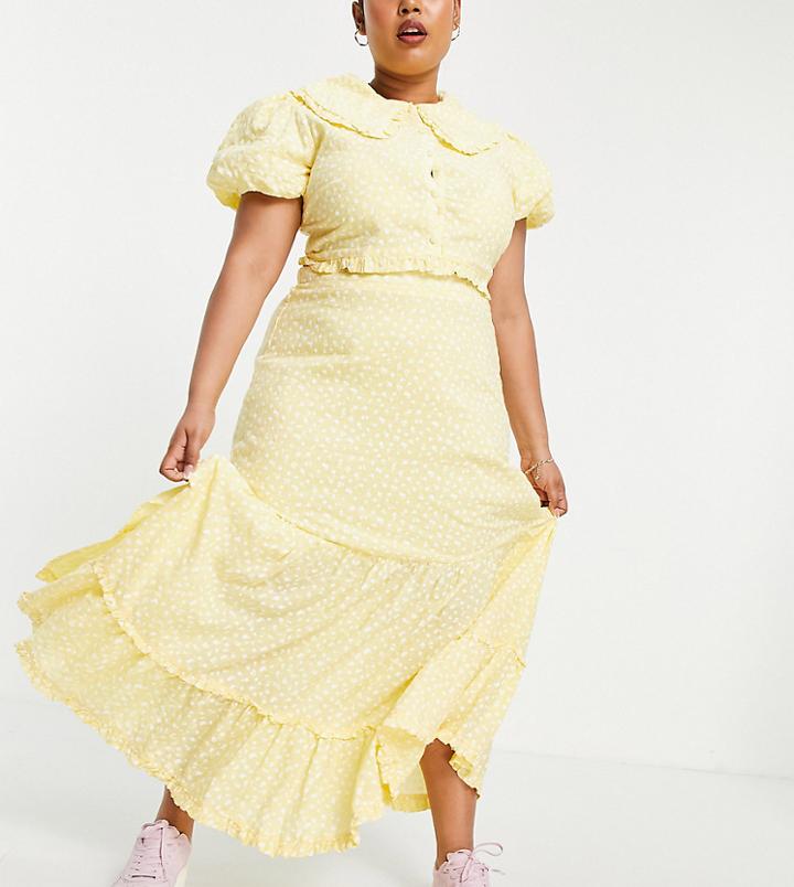 Lost Ink Plus Midaxi Tiered Matching Skirt In Ditsy Floral-white