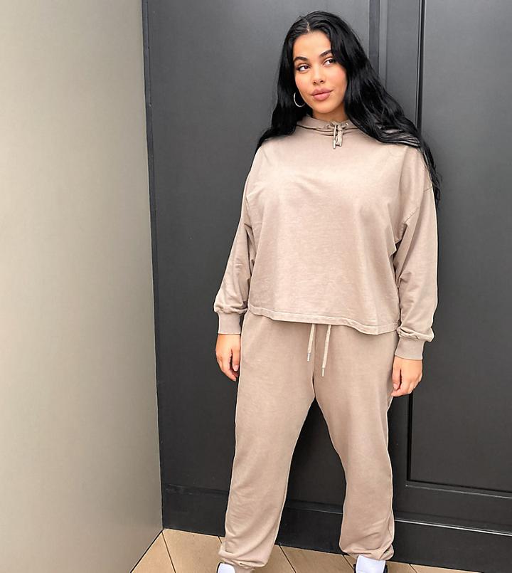 Asos Design Curve Tracksuit Hoodie/sweatpants Set In Acid Wash In Mushroom-brown