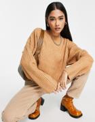 Topshop Knit Rib Crop Crew Sweater In Camel-neutral