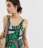 Weekday Geometric Print Scoop Neck Swimsuit In Green-multi