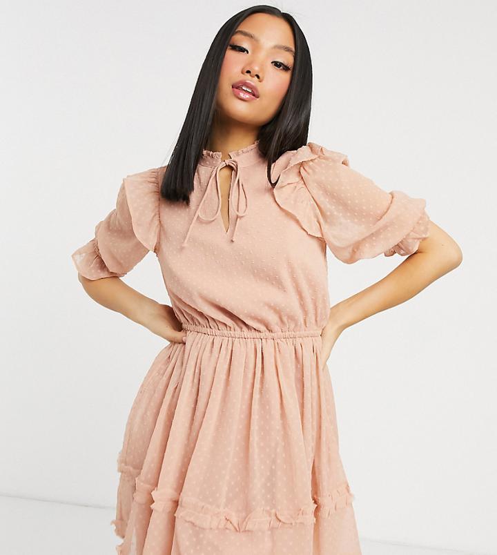 Miss Selfridge Petite Textured Frill Detail Mini Dress In Pink