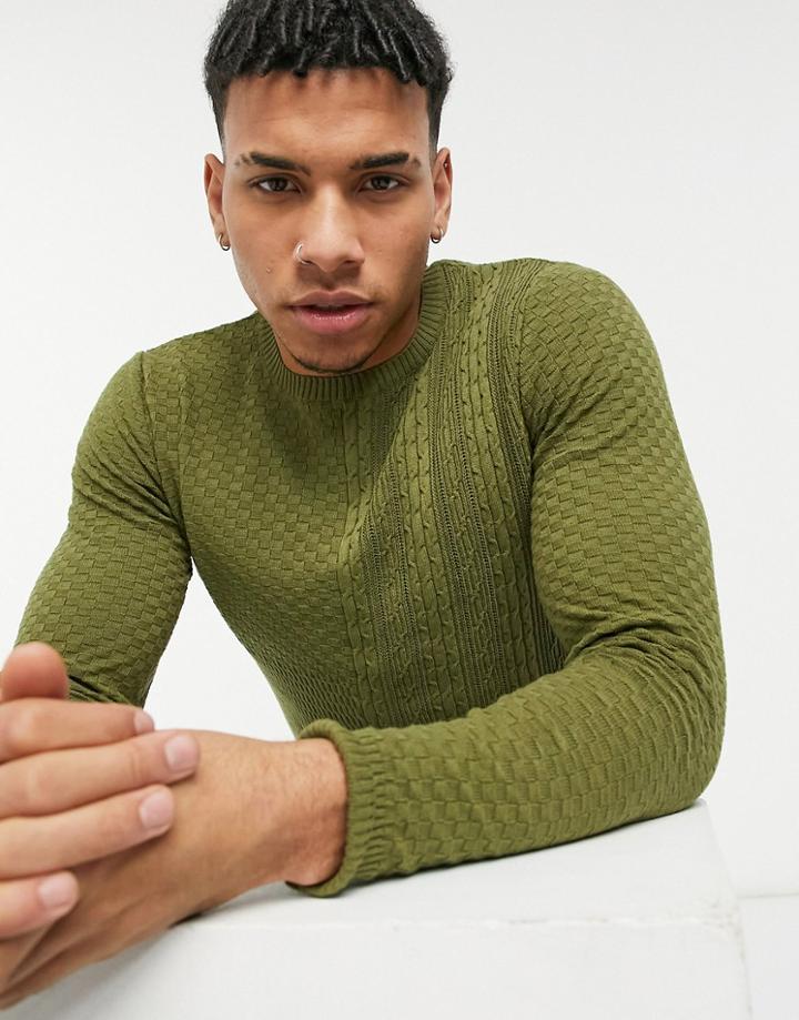 Asos Design Knitted Sweater With Cable Patchwork In Khaki-green