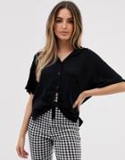 Asos Design Short Sleeve Crinkle Shirt With Tie Front-black