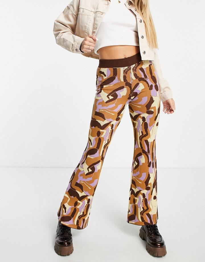 Monki Figure Print Flare Pants In Multi
