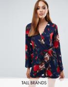 Parisian Tall Wrap Front Romper In Floral Print - Navy