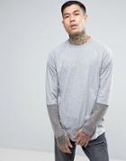 Asos Longline Long Sleeve T-shirt With Raglan Sleeves And Mesh Inner Sleeve - Gray