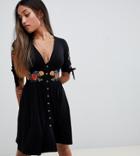Asos Design Petite Embroidered Mini Button Through Tea Dress - Black