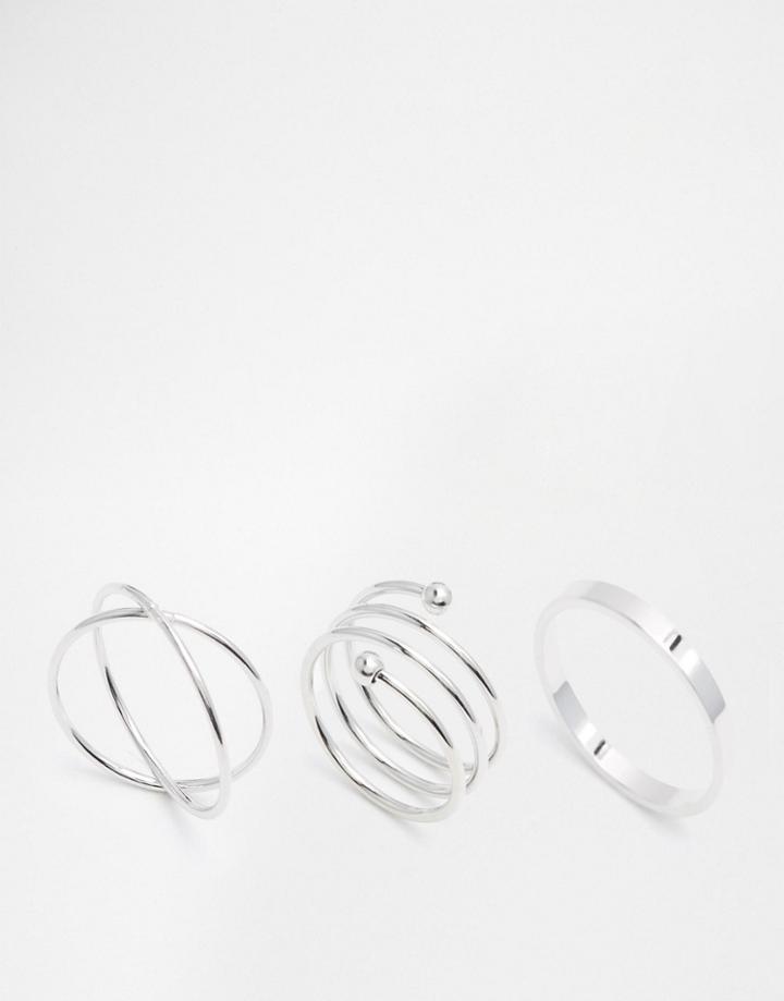 Asos Pack Of 3 Mixed Simple Rings - Rhodium