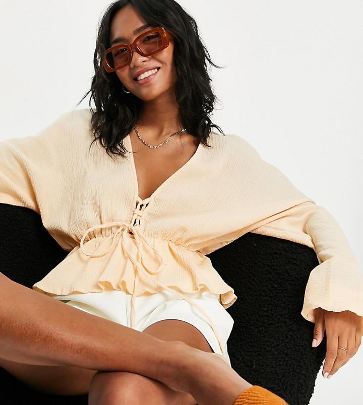 Asos Design Petite Natural Crinkle Lace Up Front Top In Peach-black