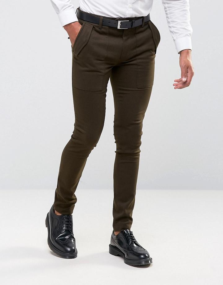Asos Super Skinny Smart Military Style Pants In Khaki - Green
