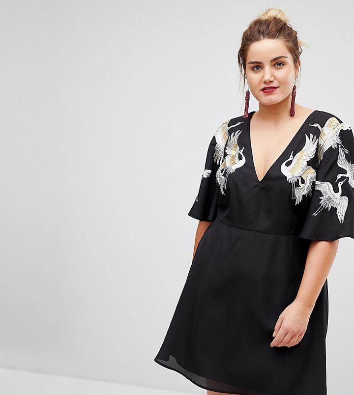 Asos Curve Bird Embroidered Flutter Sleeve Mini Dress - Black